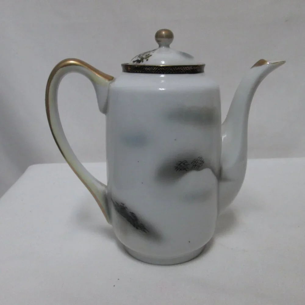 Vintage Porcelain Teapot with Spout Hand-painted Japanese Village 7